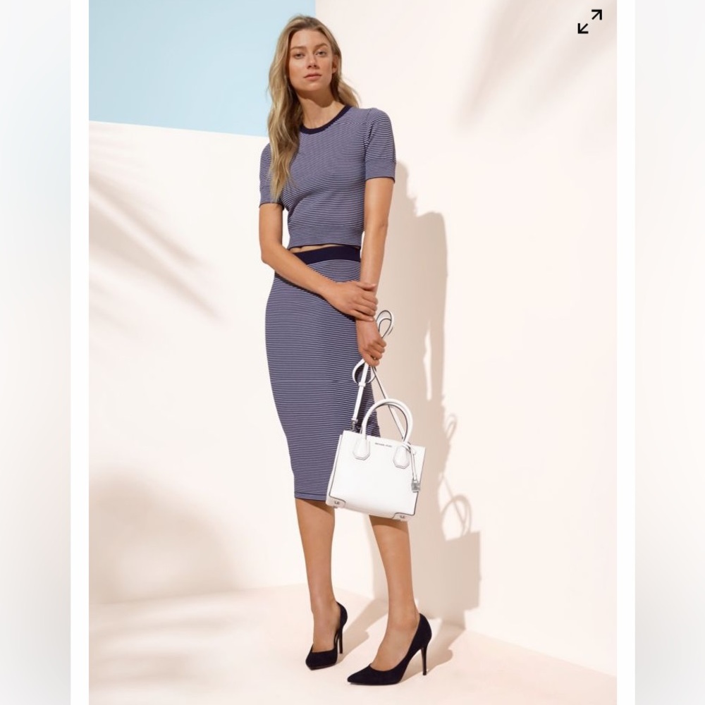 Michael Kors two piece navy and white knit skirt and top